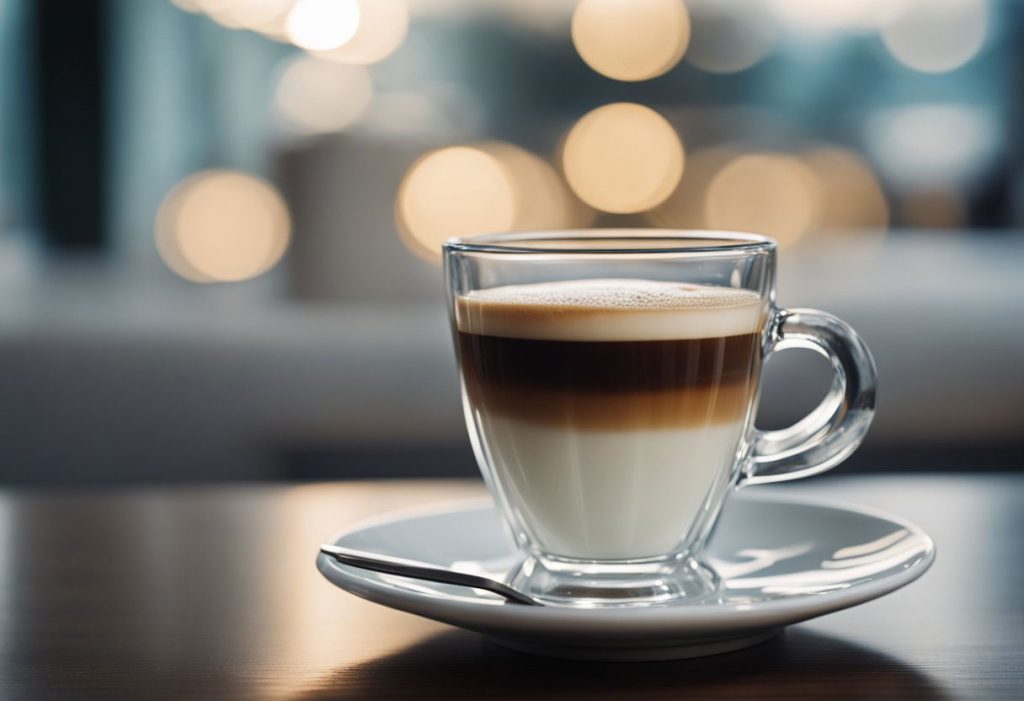 A clear glass cup sits on a saucer. A shot of espresso is poured into the cup, and a dollop of foamed milk is added on top