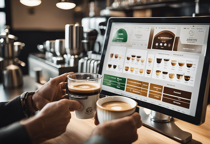 A barista pours multiple espresso shots into a venti-sized cup, while a caffeine content analysis chart is displayed nearby