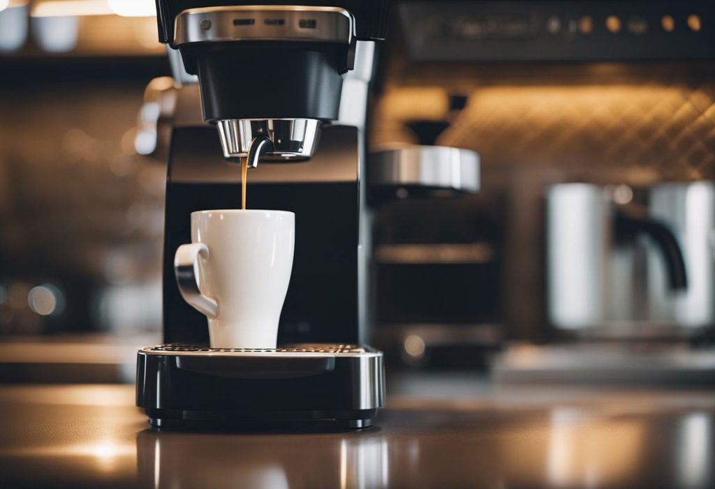 An espresso pod is placed in the Keurig machine. The machine is turned on and hot water is forced through the pod, filling a small cup with strong, dark espresso