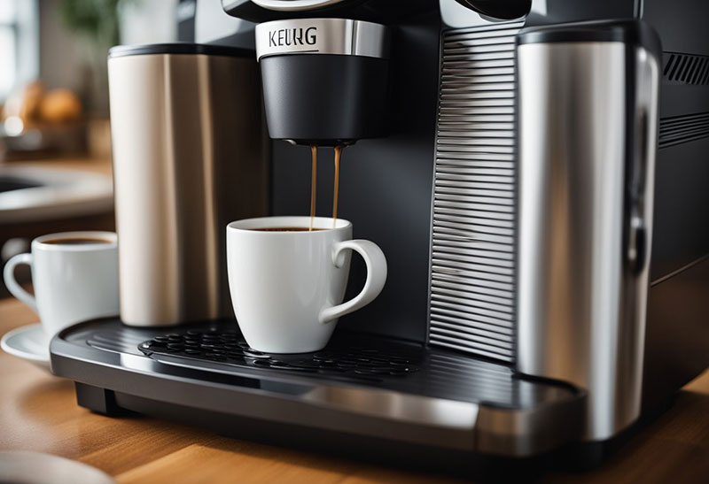 A Keurig machine with various coffee pods and a hand reaching for the espresso option button