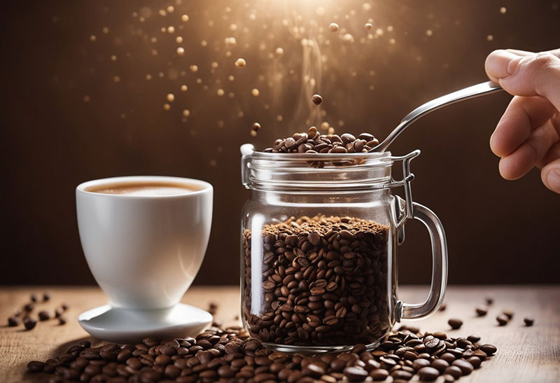 A hand reaches for a jar of instant coffee. A spoon scoops out the granules, adding them to a cup. Hot water pours in, stirring to dissolve. The rich aroma of espresso fills the air