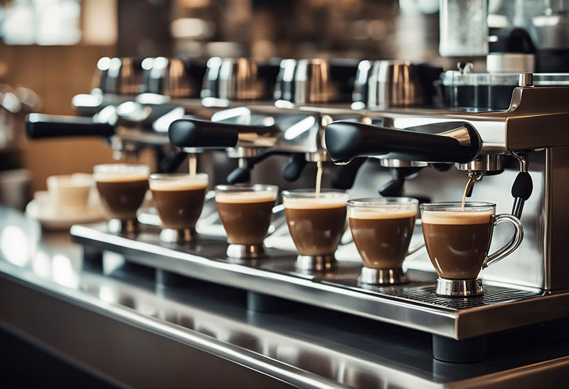A row of espresso machines at Starbucks, steam rising from the frothing pitchers, coffee beans being ground, and the rich aroma of Starbucks espresso filling the air