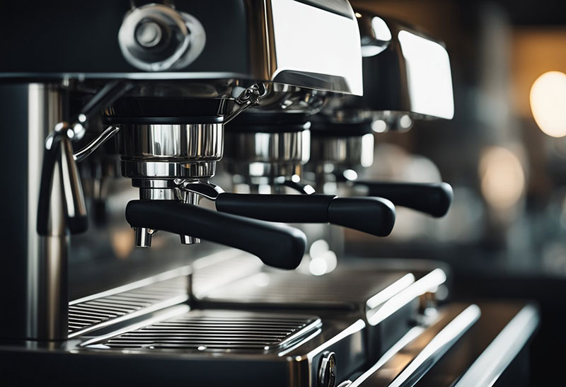 A shiny espresso machine gleams with cleanliness, its metal surfaces free of any stains or residue