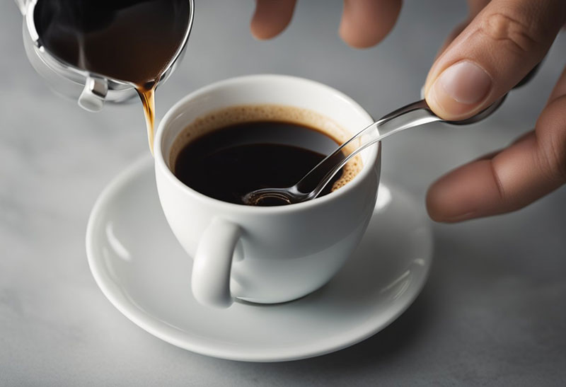 A hand pours hot water into a cup of instant coffee. The coffee dissolves, creating a dark liquid. Steam rises from the cup as the espresso is made
