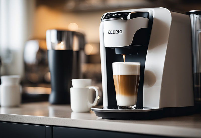 A Keurig machine brews milk-based espresso drinks