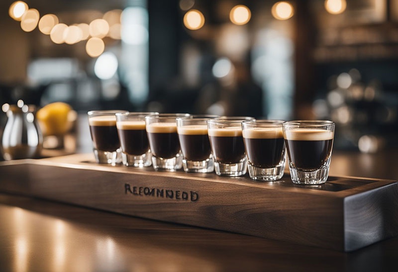 A table with six espresso cups in a row, accompanied by a sign reading "Recommended Daily Intake: 4 shots per day."