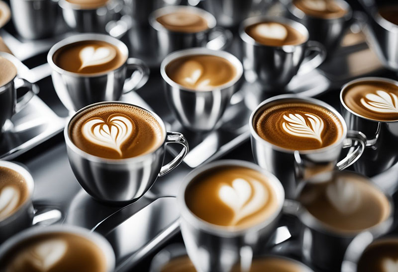 A countertop with multiple espresso cups lined up, each filled with freshly brewed shots of espresso